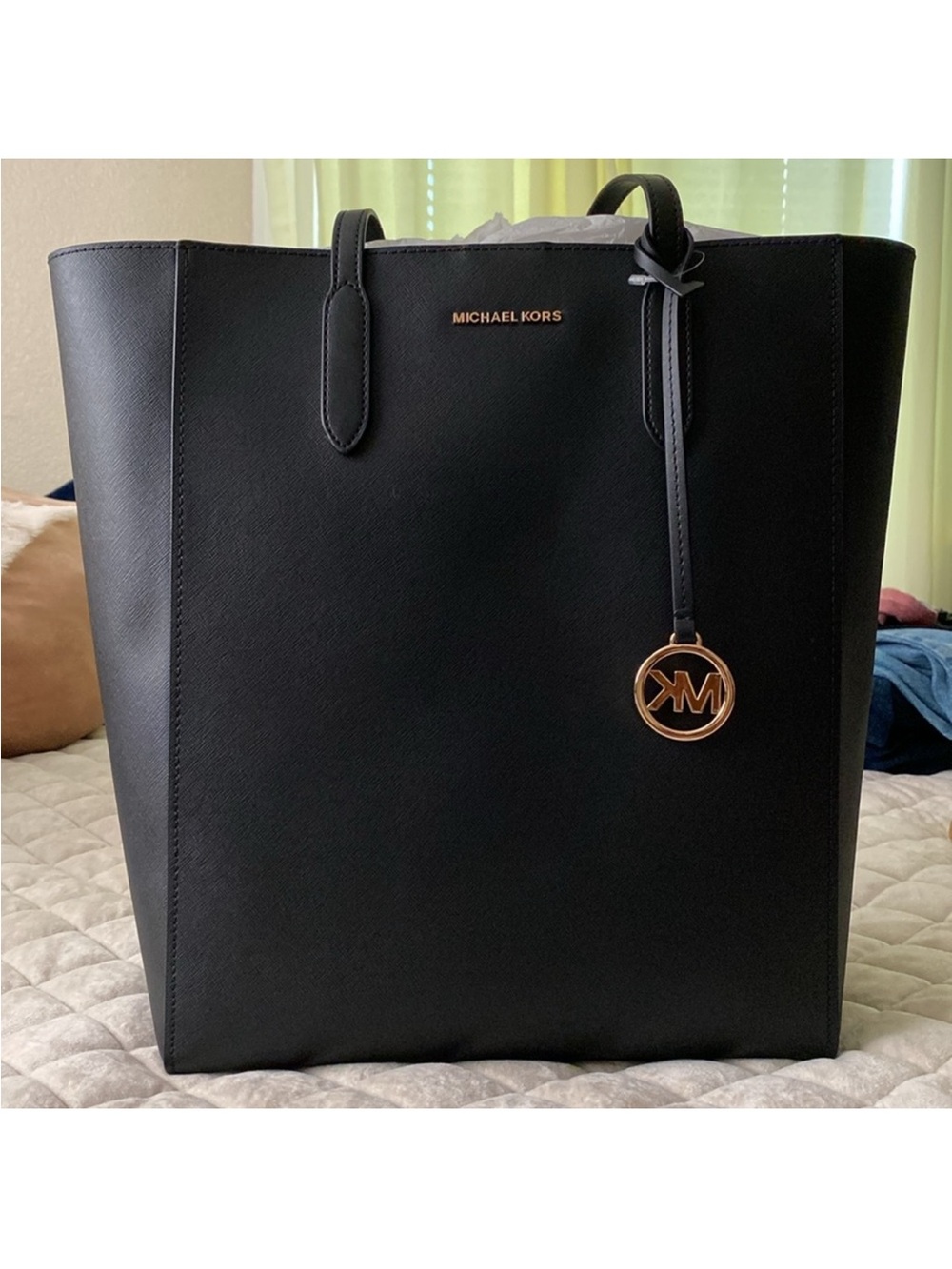 Michael Kors Black Saffiano Leather Tote with Gold MK Charm